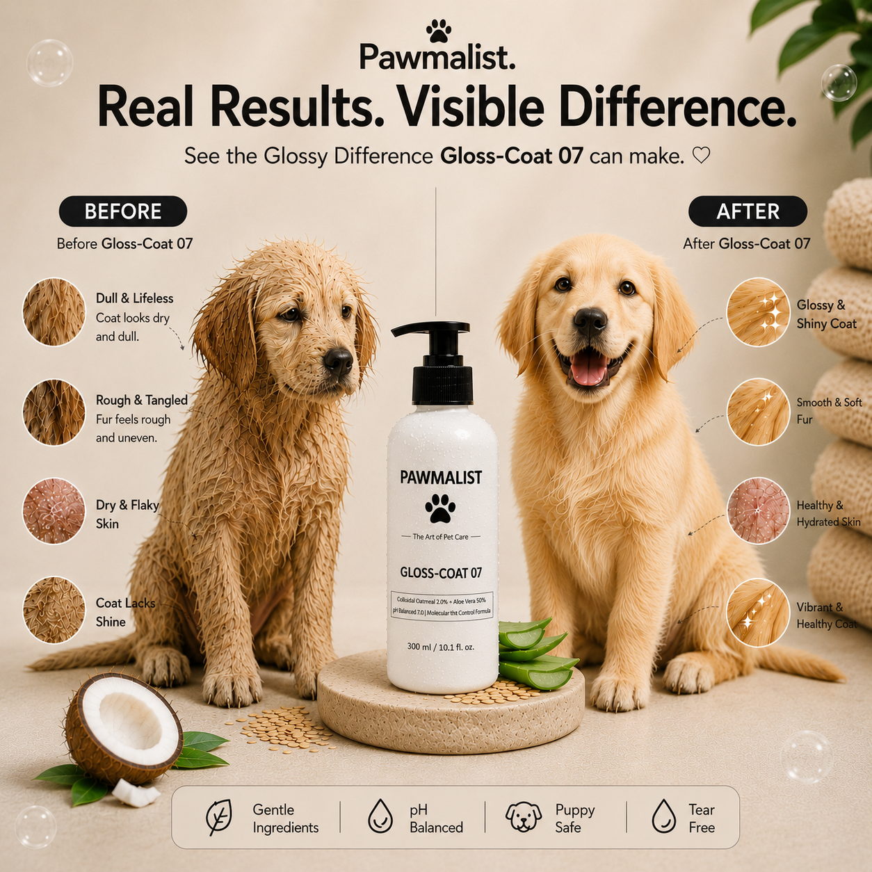 Pawmalist Gloss-Coat 07 – Oatmeal & Aloe Vera Dog Wash for Shiny Coat, Dry & Sensitive Skin (300ml)