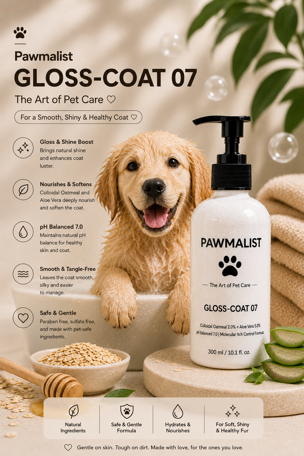Pawmalist Gloss-Coat 07 – Oatmeal & Aloe Vera Dog Wash for Shiny Coat, Dry & Sensitive Skin (300ml)