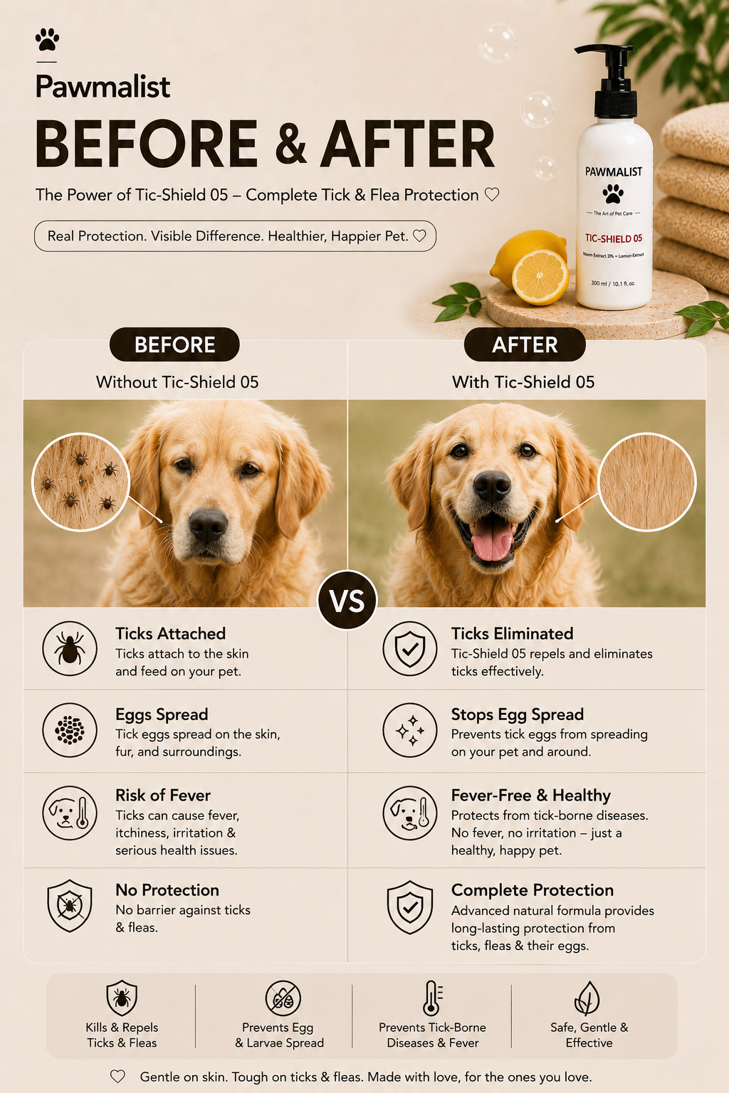 Pawmalist Tic-Shield 05 – Natural Tick & Flea Dog Wash with Neem & Lemon Extract (300ml)